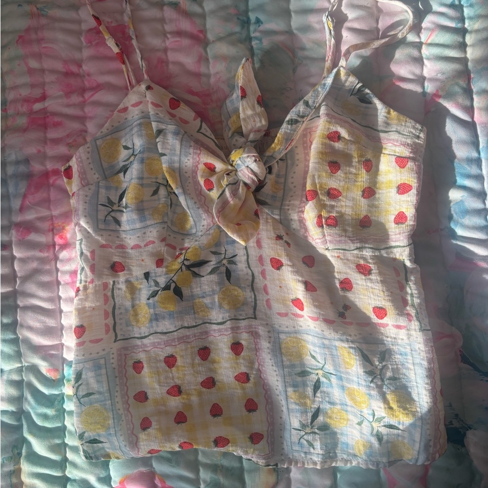 Fruit Patch Tie-Front Cotton Cami - Lemon & Strawberry Print